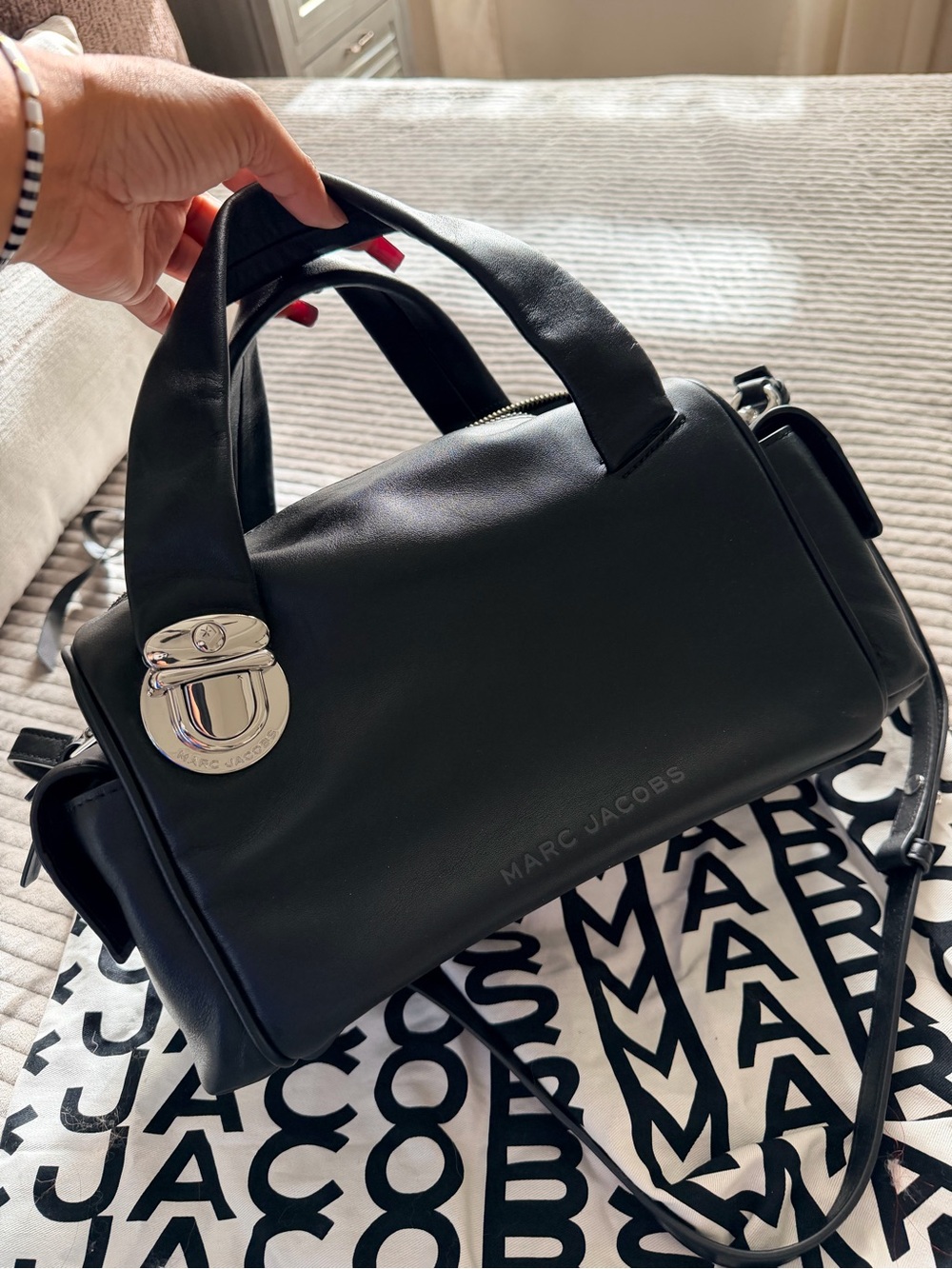 Marc Jacobs Black Leather Top-Handle Satchel with Silver Hardware